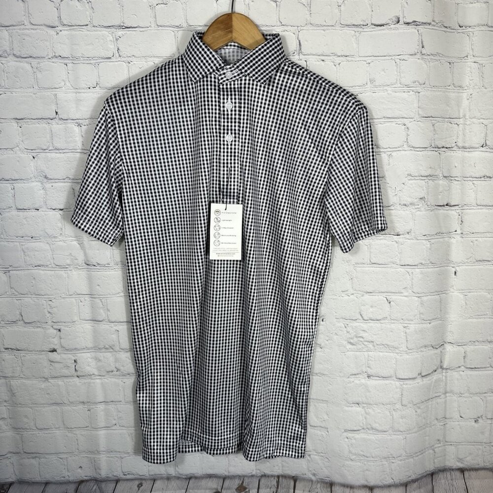 NEW Collars & Co Dress Collar‎  Polo Shirt Small Black Gingham Stretch Golf